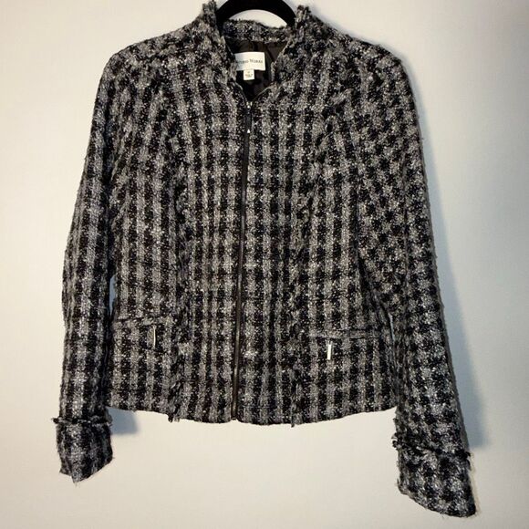 Wool Blend Textured Tweed Jacket Zip Front Black Gray Fringe Trim Women’s 12 – B - Picture 2 of 15
